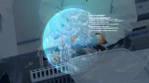 Hovering gloved hands starting rotating globe and scrolling code, pipetting Stock Footage 312717224