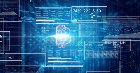 Hovering glowing Bitcoin symbol (?) anchoring trading dashboard, with Stock Illustration