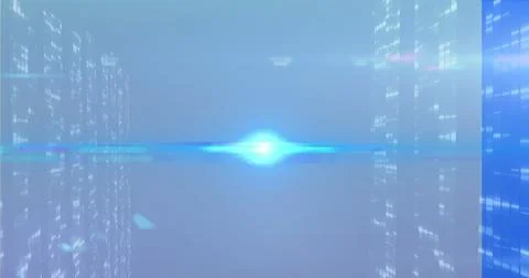 Hovering glowing blue orb within digital corridor, with translucent skyscrapers Stock Photos