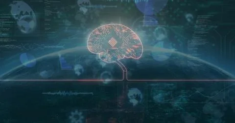 Hovering glowing brain circuit above digital Earth globe in data network space, Illustrazione stock