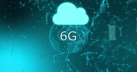 Hovering glowing cloud icon transmitting data across wireframe globe in network, Foto stock