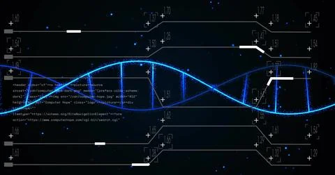 Hovering glowing DNA double helix in virtual space, with numeric callouts and Stock Illustration