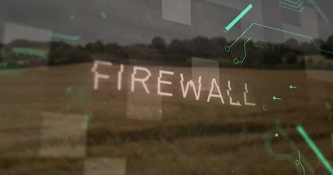 Hovering glowing FIREWALL overlay dominating harvested field with UI panels, Stock Photos