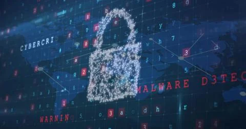 Hovering glowing padlock icon over security interface grid, with map overlay and Stockillustratie