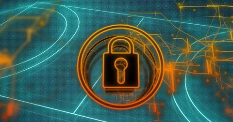 Hovering glowing padlock icon in ring over digital interface, with binary matrix Foto stock