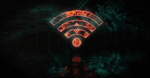 Hovering glowing Wi-Fi symbol showing circuit textures in dark virtual space, Stock Illustration