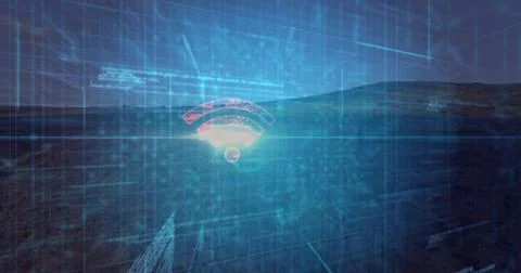 Hovering glowing Wi?Fi icon projecting neon light over scrubby moor with cyan Stock Photos