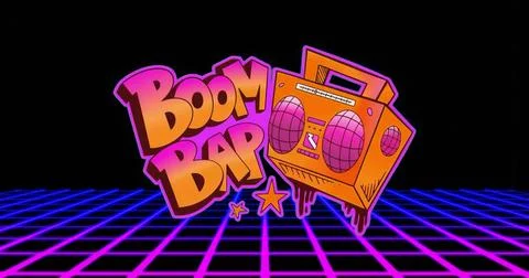 Hovering graffiti Boom Bap text and dripping boombox above neon grid and three Stock Illustration