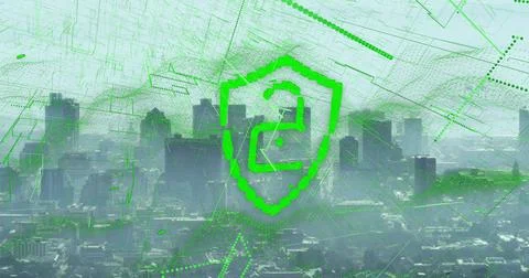 Hovering green pixelated shield icon with stylized 2 above hazy urban skyline, Fotos de archivo