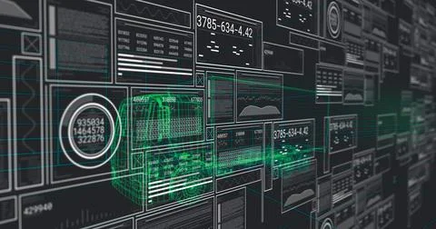 Hovering green teal 3D wireframe delivery van scanning virtual data wall, with Stockillustratie