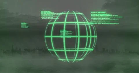 Hovering green wireframe globe projecting over foggy waterfront skyline, with Illustrazione stock