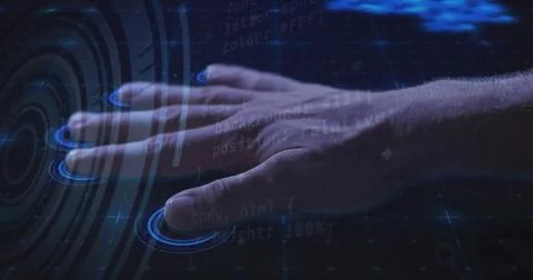 Hovering hand activating holographic interface on dark surface, glowing sensors Stockfoto's