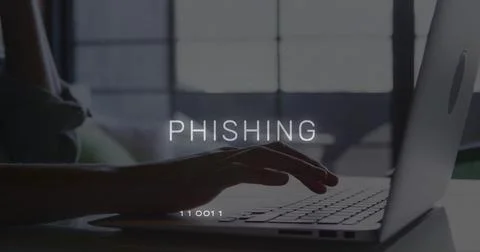Hovering hand typing on laptop keyboard at home office desk, with overlay text Stock Photos