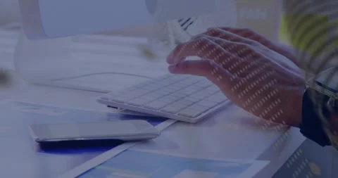 Hovering hands initiating typing, projecting data grid into binary stream for Stock Footage 318259729