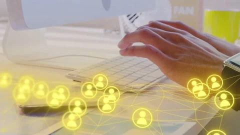 Hovering hands settling on keys typing, smartwatch shifting, yellow nodes Stock Footage 335466131