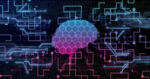 Hovering hexagonal brain silhouette glowing above binary grid in digital network Stock Photos
