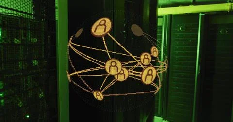 Hovering hologram sphere floating in data center, with server racks and metal Stock Illustration