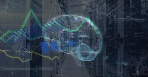 Hovering holographic brain illuminating data center corridor, with server racks Illustrazione stock