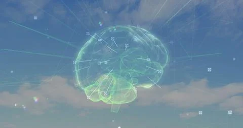 Hovering holographic brain model visualizing data in open-air sky with digital Foto stock