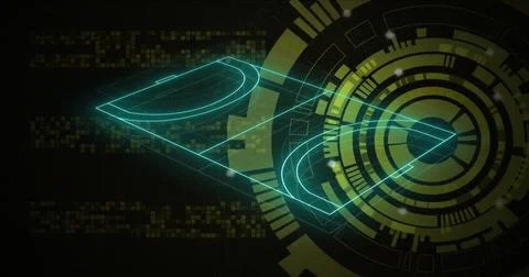 Hovering holographic cyan triangular wireframe plane tilting over virtual HUD, Stock Photos