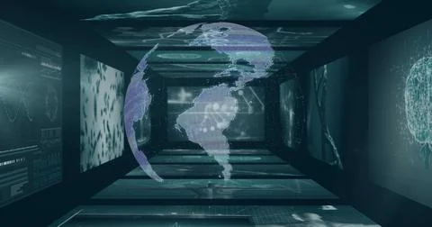 Hovering holographic globe displaying grid continents in corridor, with digital 스톡 일러스트