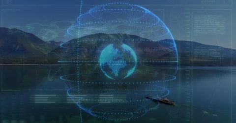 Hovering holographic globe projecting digital data over alpine lake, with 写真素材