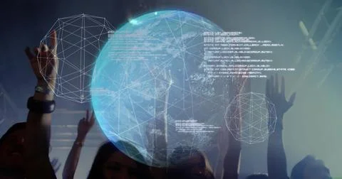 Hovering holographic globe projecting network lines over crowd at dark hall with Stock Photos