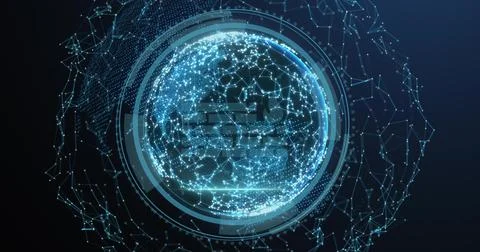 Hovering holographic globe pulsing in virtual data space, showing HUD rings and Stock Illustration