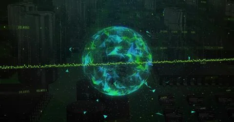 Hovering holographic globe rotating among servers at data center, with numeric Illustrazione stock