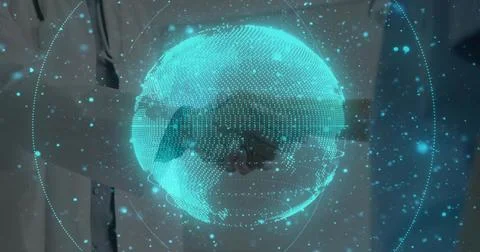 Hovering holographic globe rotating in office, showing lab coat and suit shaking Stock Illustration