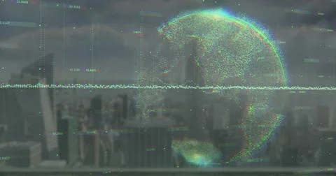 Hovering holographic globe showing data points over city skyline with numeric Foto stock