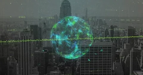 Hovering holographic globe streaming data points over urban skyline, with neon Foto stock