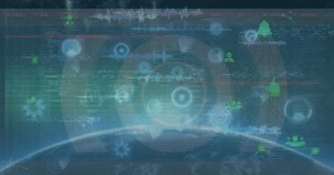 Hovering holographic interface displaying network above Earth horizon, with 스톡 사진