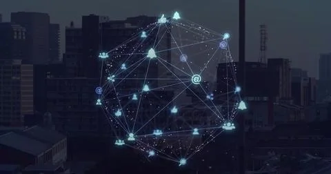 Hovering holographic network globe above city roof at dusk, with nodes, lines Stock Illustration
