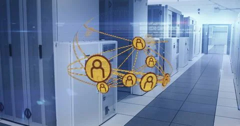 Hovering holographic network sphere showing user nodes inside server room Stock Photos