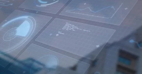 Hovering holographic panels over building facade, displaying line chart, grid イラスト素材