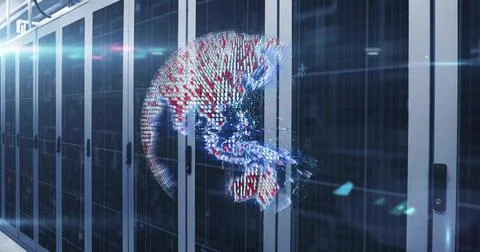 Hovering holographic sphere projecting colored data in cooled data center aisle, Stock Photos