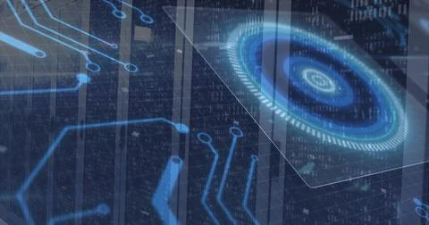 Hovering HUD target drifting over grid plane with neon circuits and binary Illustrazione stock