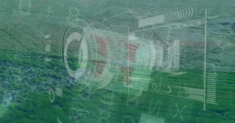 Hovering interface HUD elements overlaying farmland in aerial view, targeting Stock Photos