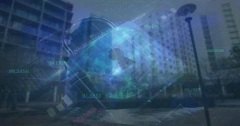 Hovering large metallic padlock above riverside walkway, with numeric codes and 스톡 사진