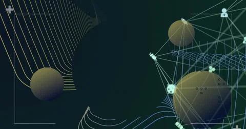 Hovering large textured sphere connecting with node icons and wireframe in Stock Photos