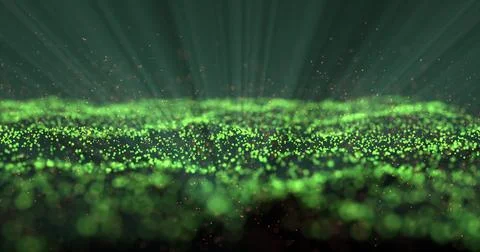 Hovering luminous particles of different sizes in green rays of light. 스톡 일러스트