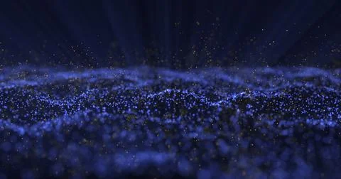 Hovering luminous particles of different sizes in blue rays of light. Stock Illustration