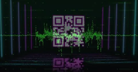 Hovering magenta QR code over reflective plane, with green waveform grid, neon 스톡 일러스트