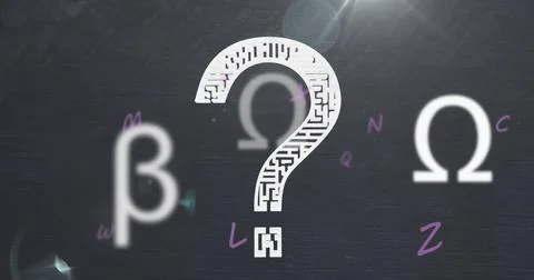 Hovering maze-patterned question mark over dark chalkboard, with blurred beta, Stock Photos