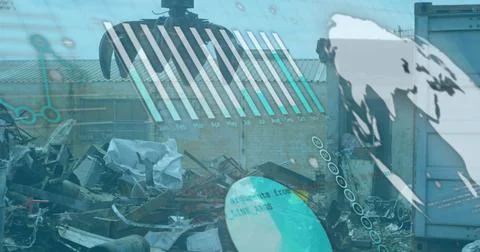 Hovering mechanical crane claw moving above scrap pile at scrap yard, with Stock Photos