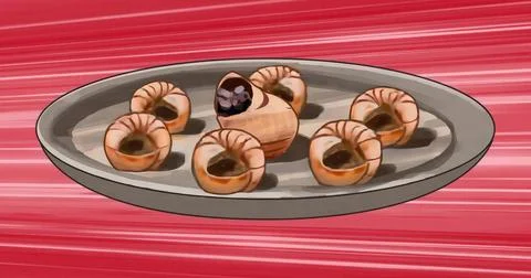 Hovering metal platter holding seven ridged snail shells on red motion blur, Stock Illustration