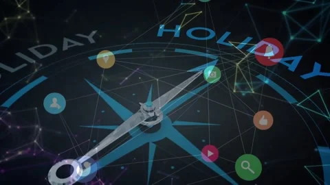 Hovering metallic compass needle on digital compass rose starting clockwise icon 動画素材 328507672