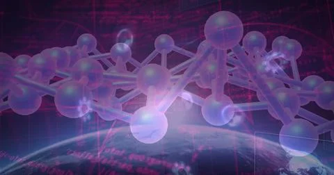 Hovering molecular structure of spheres and rods over Earth arc in space, with Foto stock