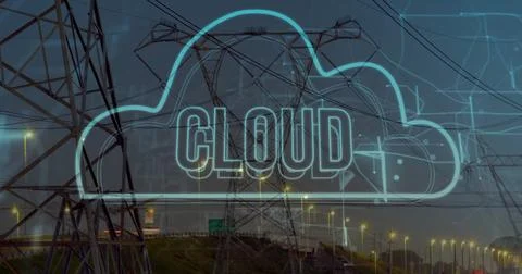 Hovering neon cloud outline glowing above highway at dusk, showing towers wires Foto stock